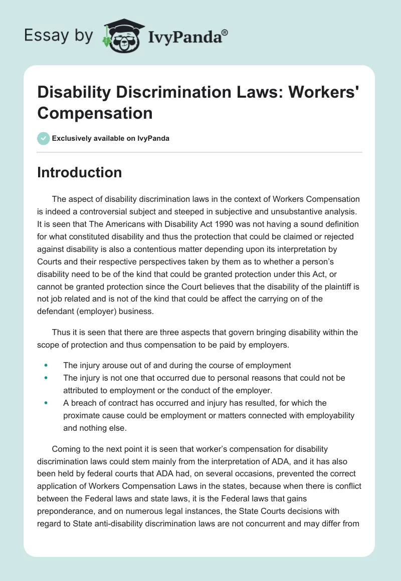 Disability Discrimination Laws: Workers' Compensation. Page 1