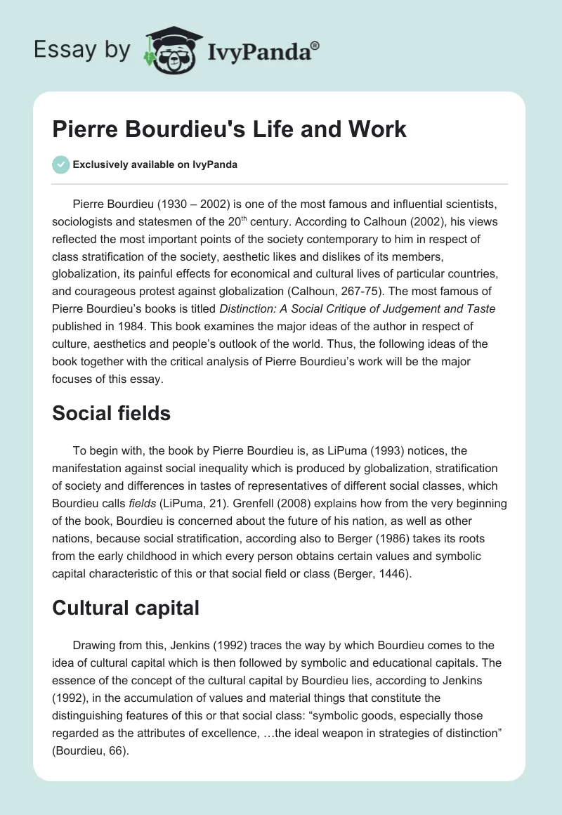 Pierre Bourdieu's Life and Work. Page 1