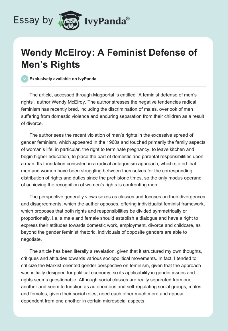 Wendy McElroy: A Feminist Defense of Men’s Rights. Page 1