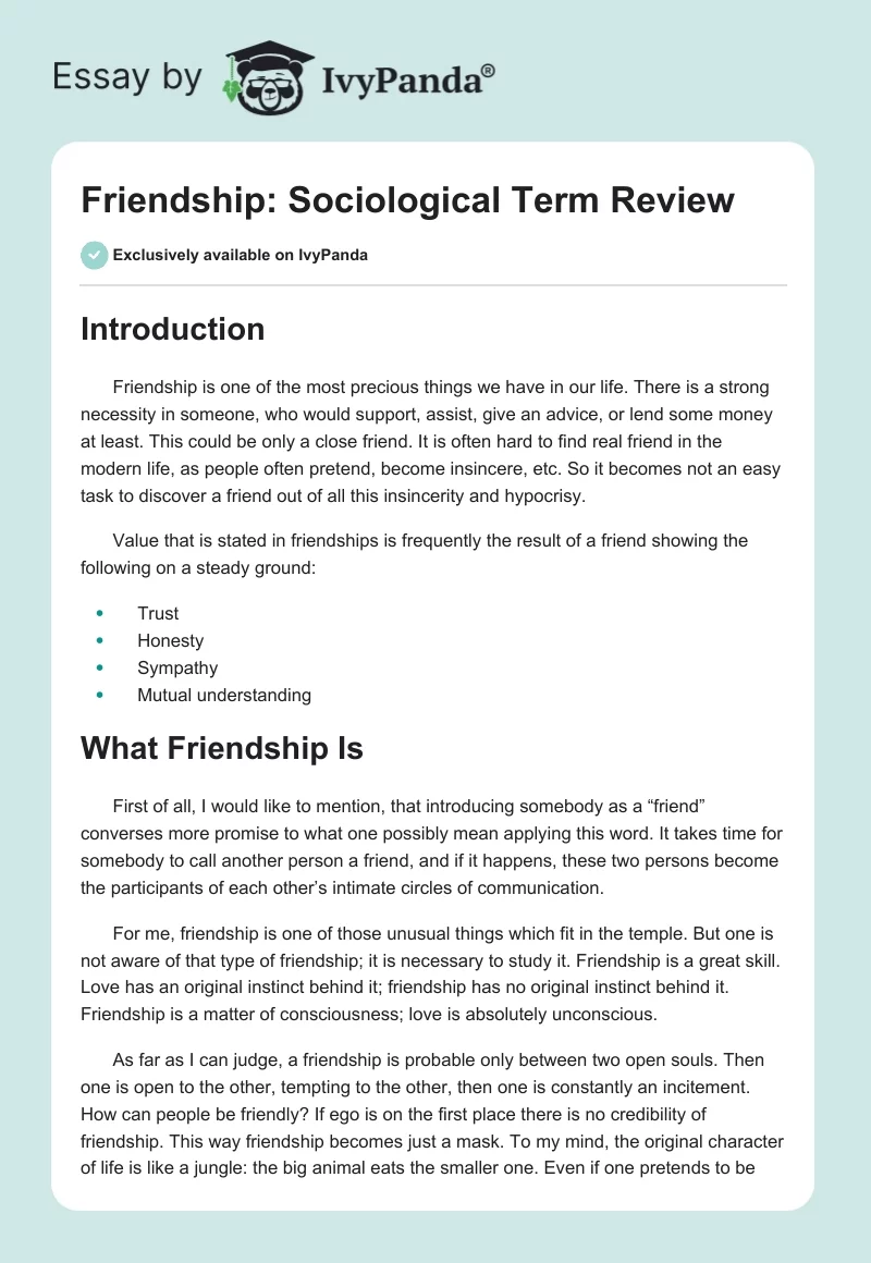 Friendship: Sociological Term Review. Page 1