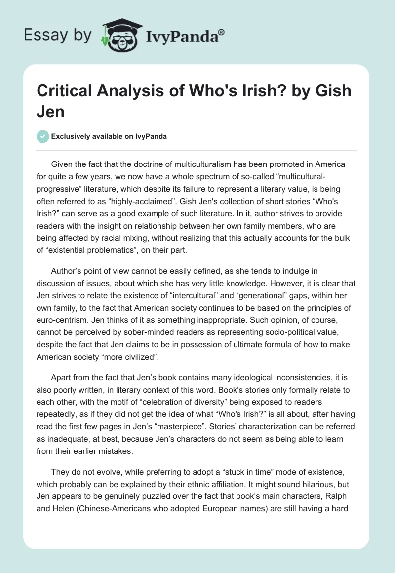 Critical Analysis of "Who's Irish?" by Gish Jen. Page 1