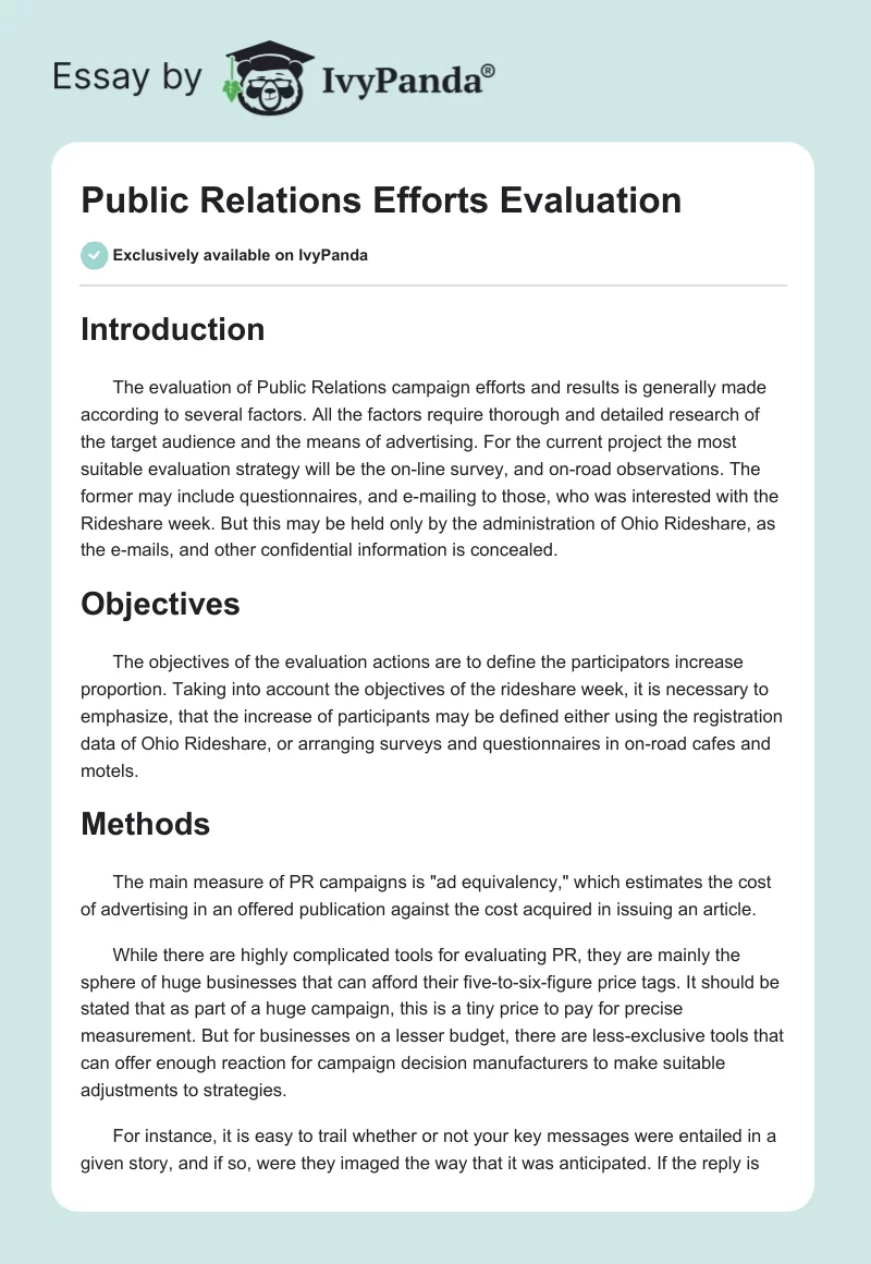 Public Relations Efforts Evaluation. Page 1