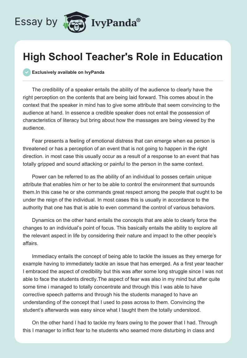High School Teacher's Role in Education. Page 1