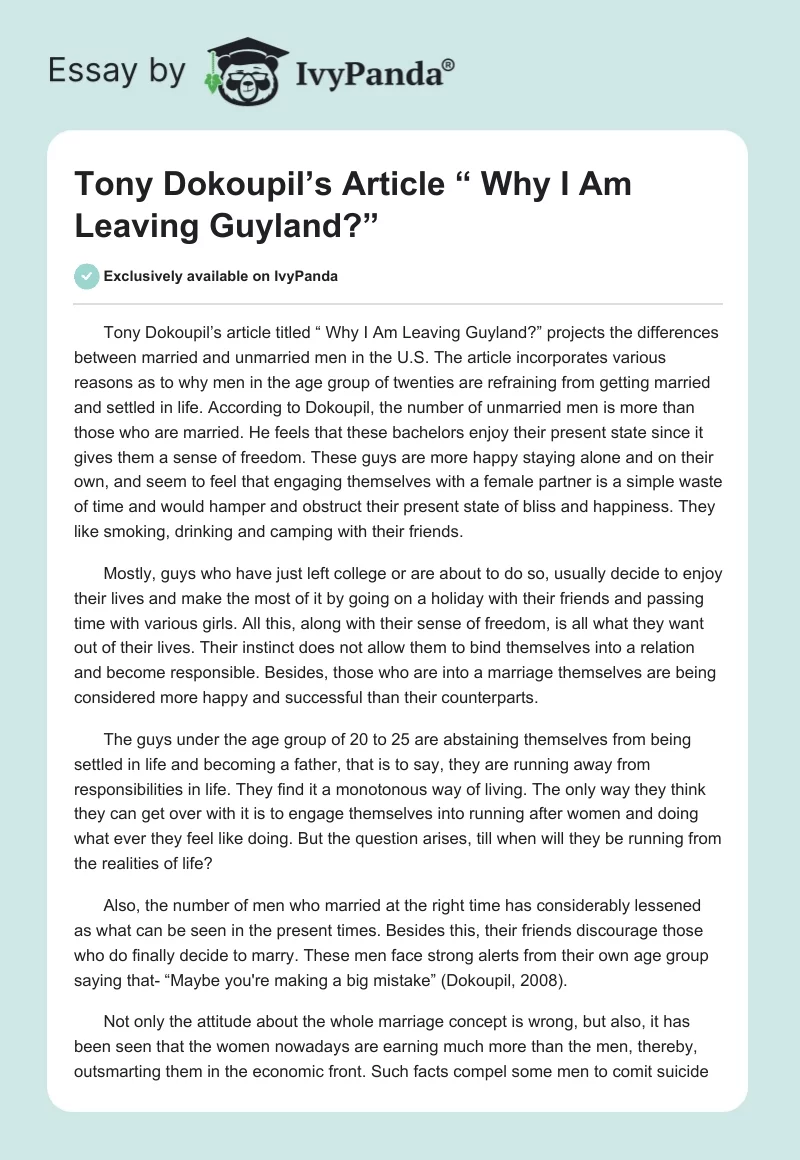 Tony Dokoupil’s Article “ Why I Am Leaving Guyland?”. Page 1
