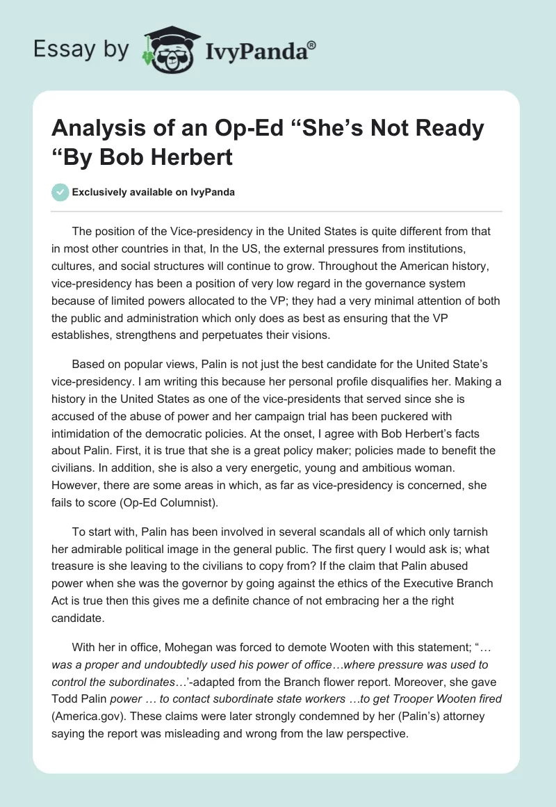 Analysis of an Op-Ed “She’s Not Ready “By Bob Herbert. Page 1