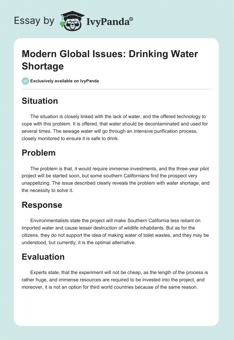 Modern Global Issues: Drinking Water Shortage. Page 1