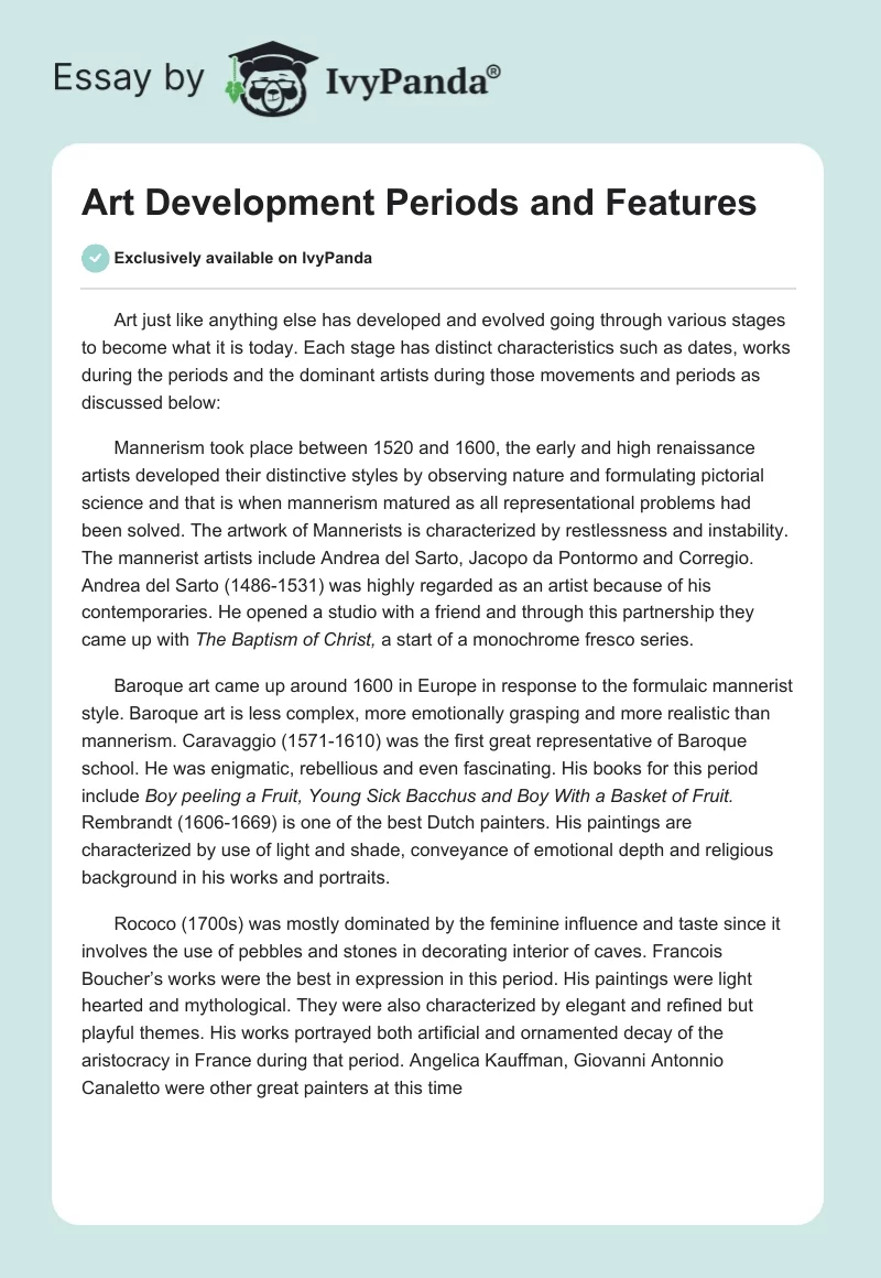 Art Development Periods and Features. Page 1