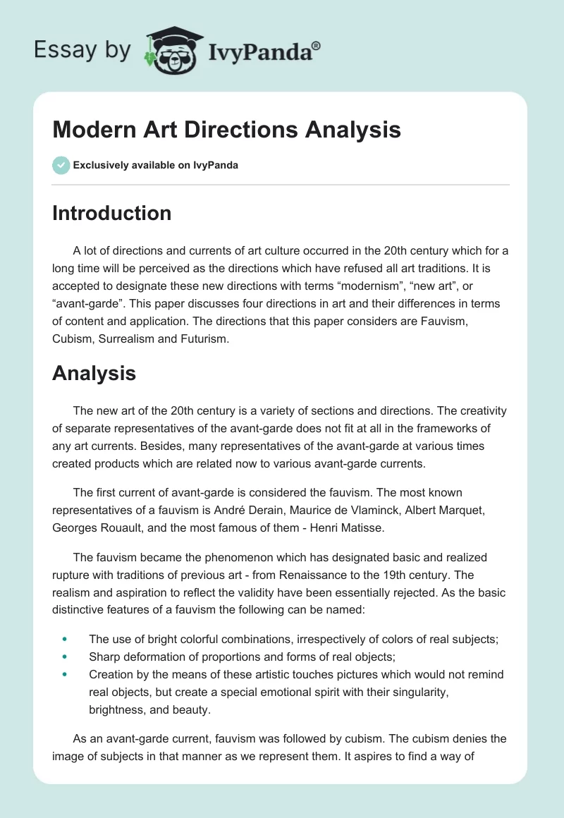 Modern Art Directions Analysis. Page 1