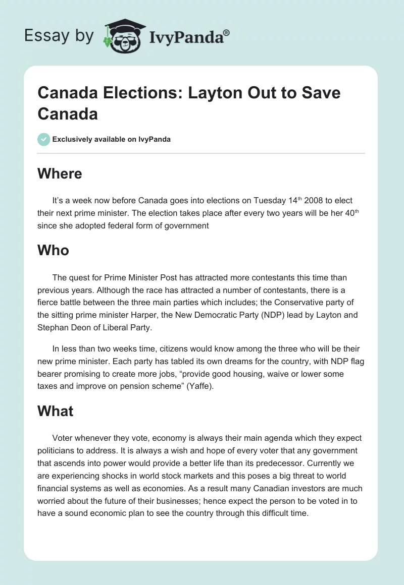 Canada Elections: Layton Out to Save Canada. Page 1