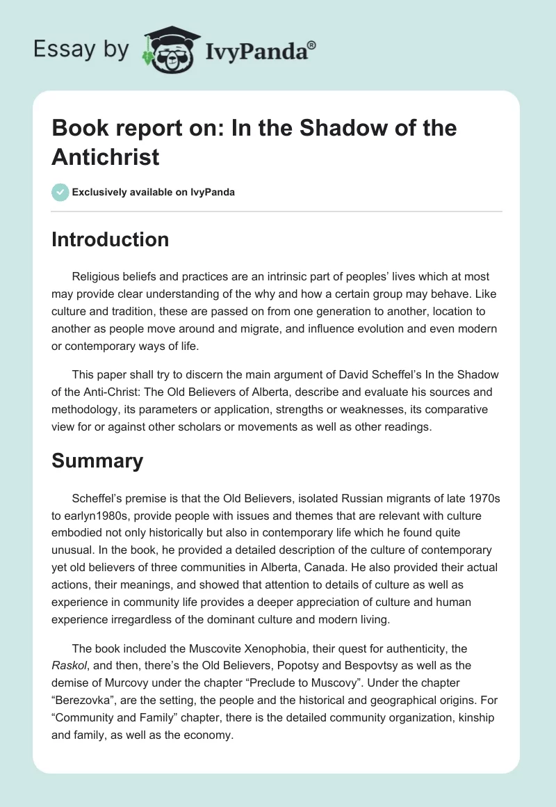 Book report on: In the Shadow of the Antichrist. Page 1