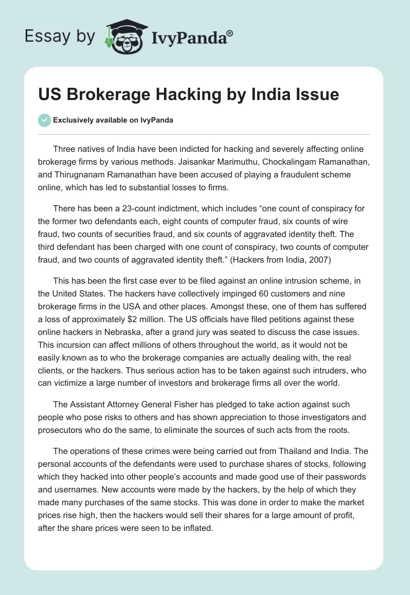 US Brokerage Hacking by India Issue. Page 1