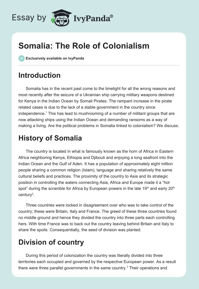 Somalia: The Role of Colonialism. Page 1
