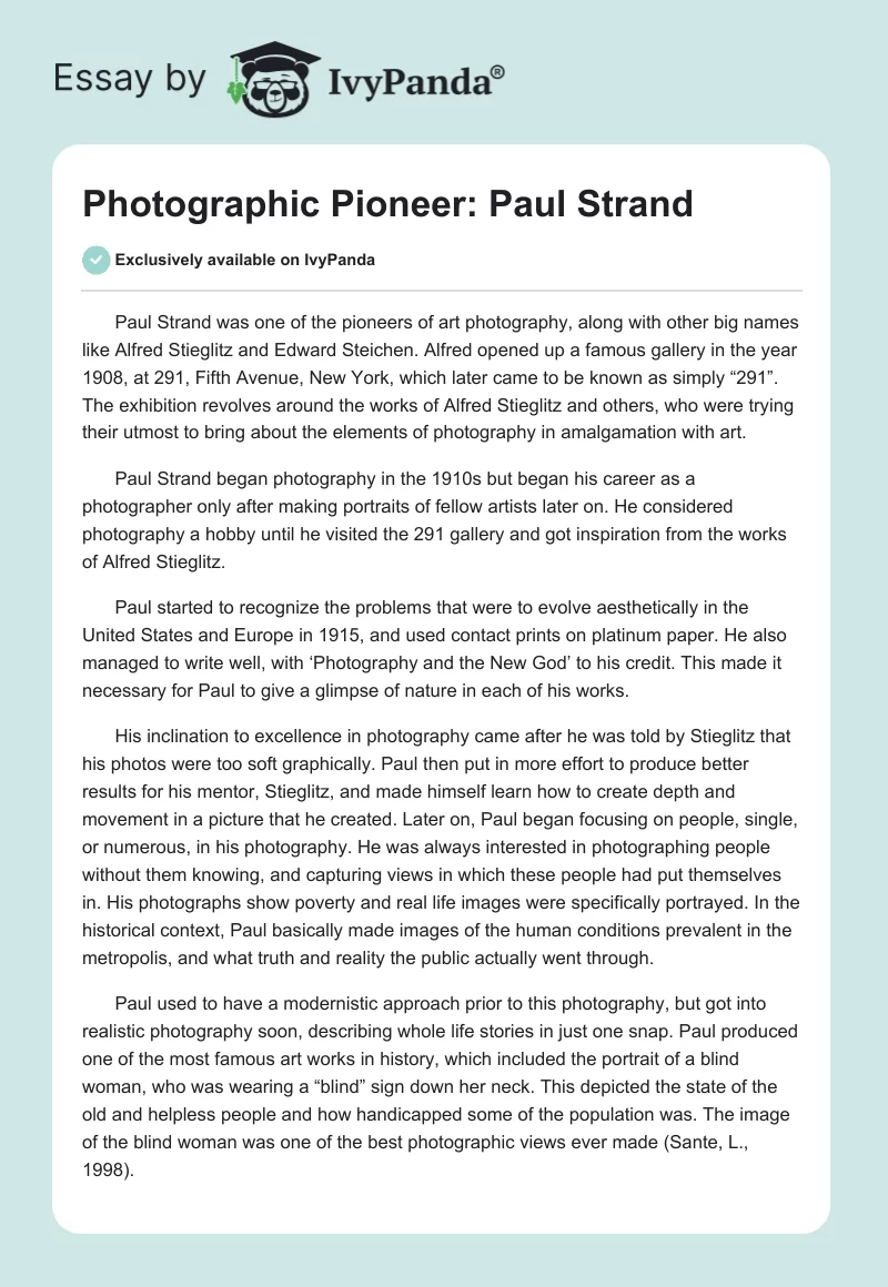 Photographic Pioneer: Paul Strand. Page 1