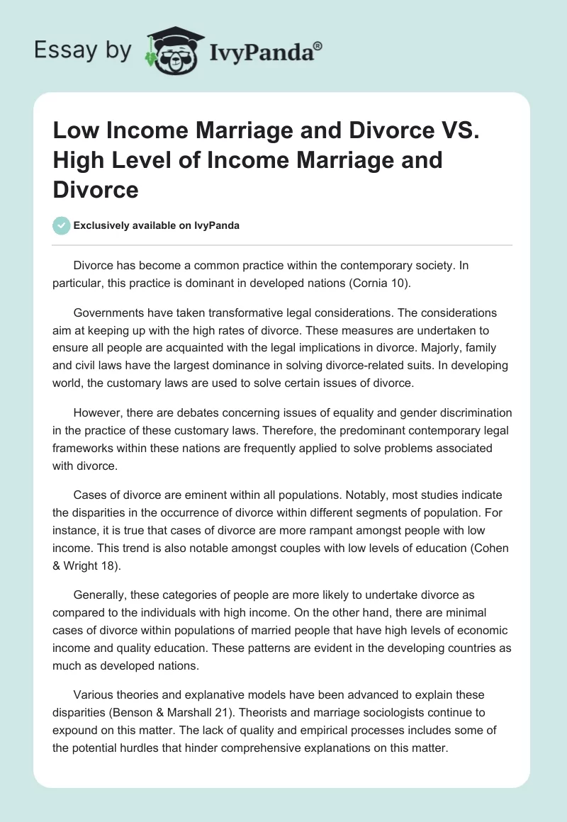 Low Income Marriage and Divorce VS. High Level of Income Marriage and Divorce. Page 1