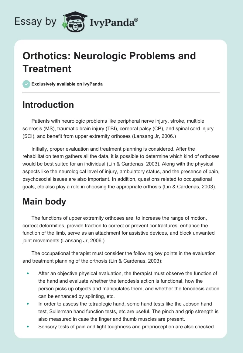 Orthotics: Neurologic Problems and Treatment. Page 1