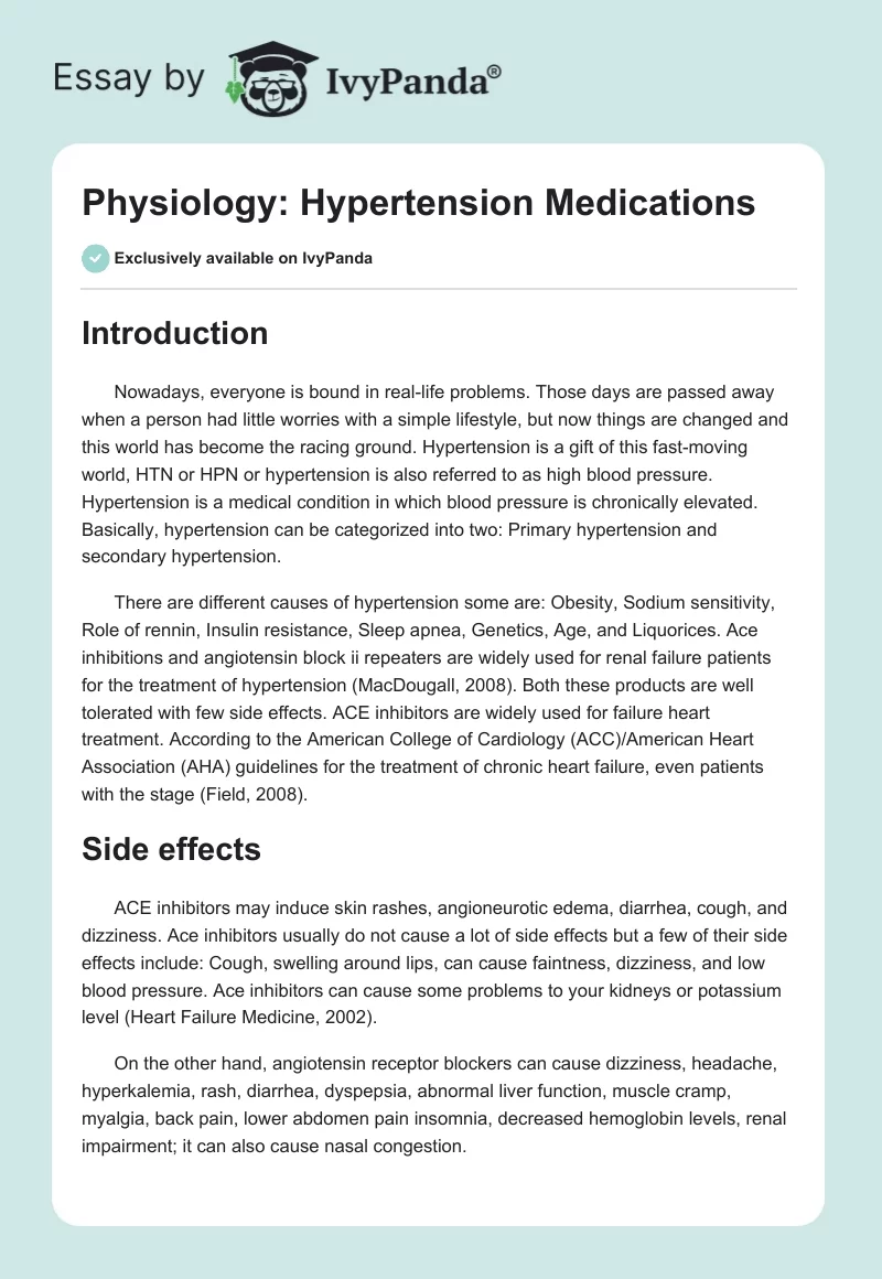 Physiology: Hypertension Medications. Page 1