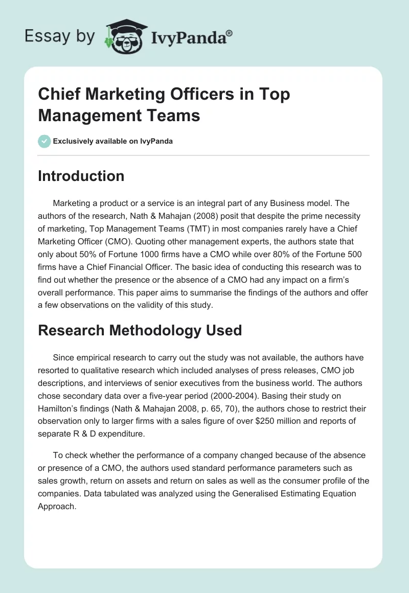 Chief Marketing Officers in Top Management Teams. Page 1