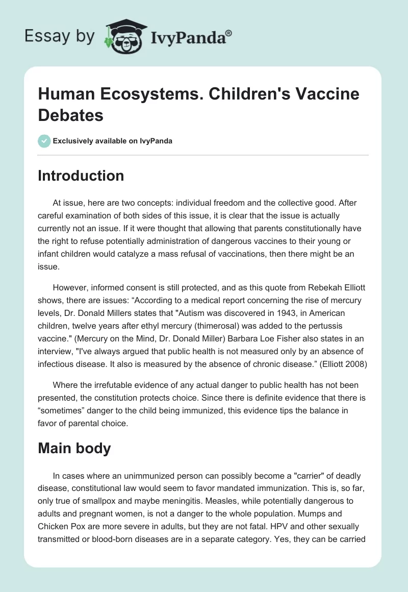 Human Ecosystems. Children's Vaccine Debates. Page 1
