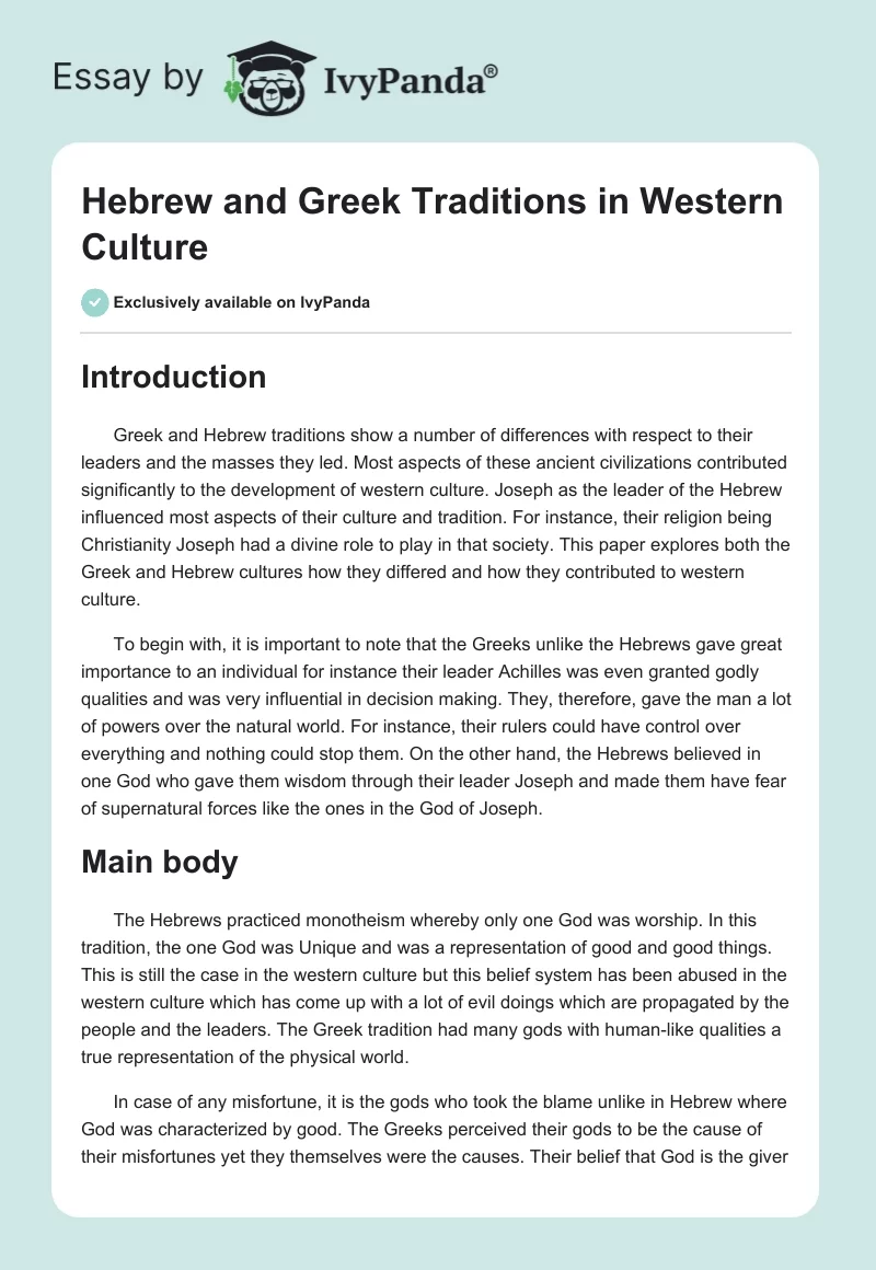 Hebrew and Greek Traditions in Western Culture. Page 1