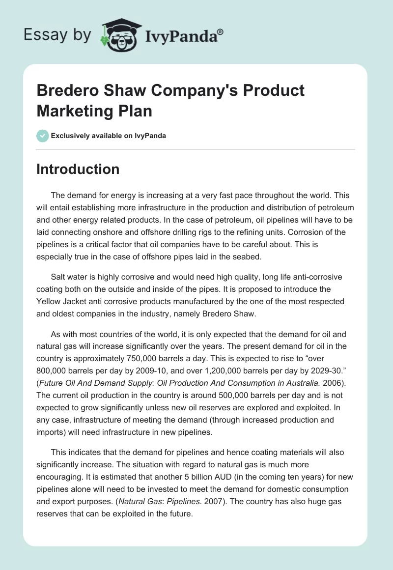 Bredero Shaw Company's Product Marketing Plan. Page 1