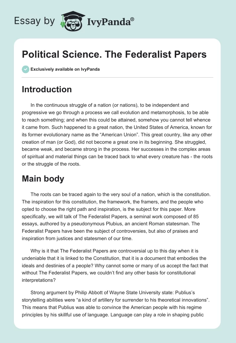 Political Science. The Federalist Papers. Page 1