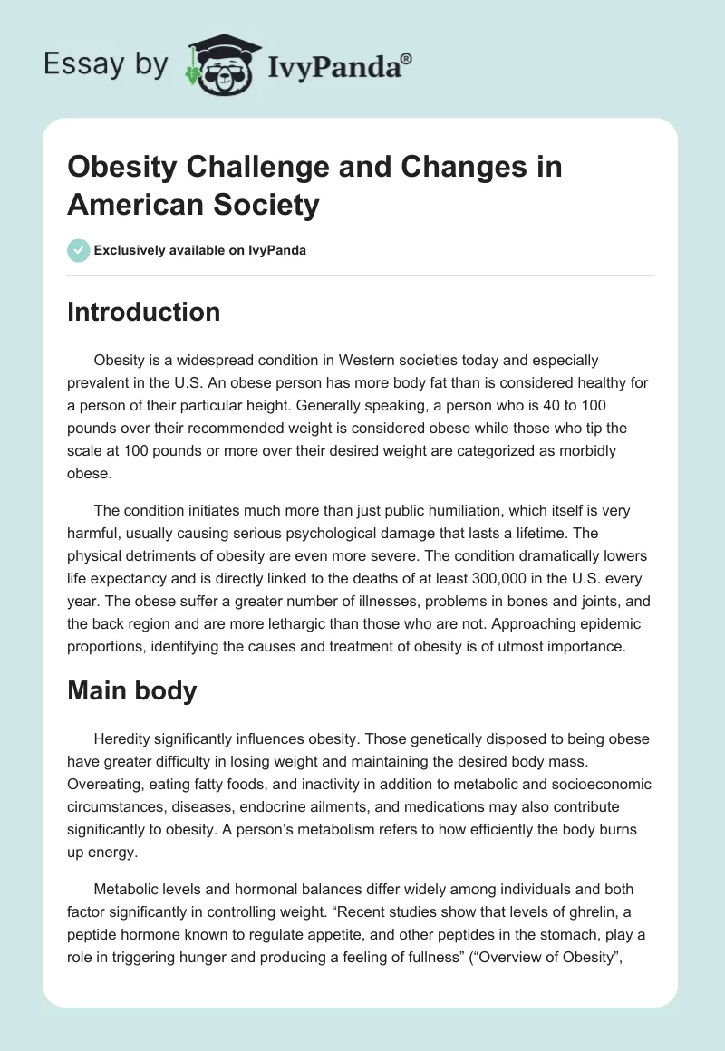 Obesity Challenge and Changes in American Society. Page 1