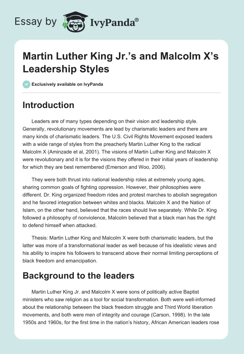 Martin Luther King Jr.’s and Malcolm X’s Leadership Styles. Page 1
