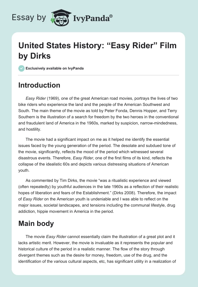 United States History: “Easy Rider” Film by Dirks. Page 1