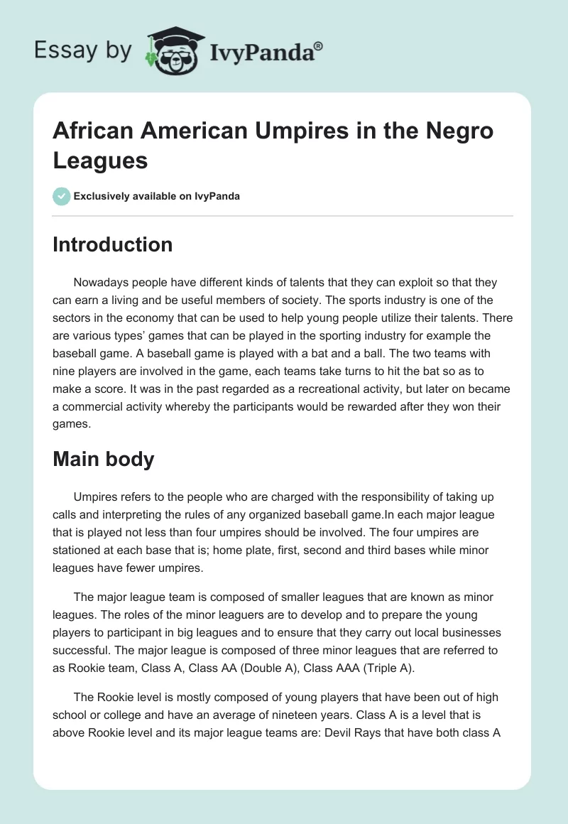 African American Umpires in the Negro Leagues. Page 1