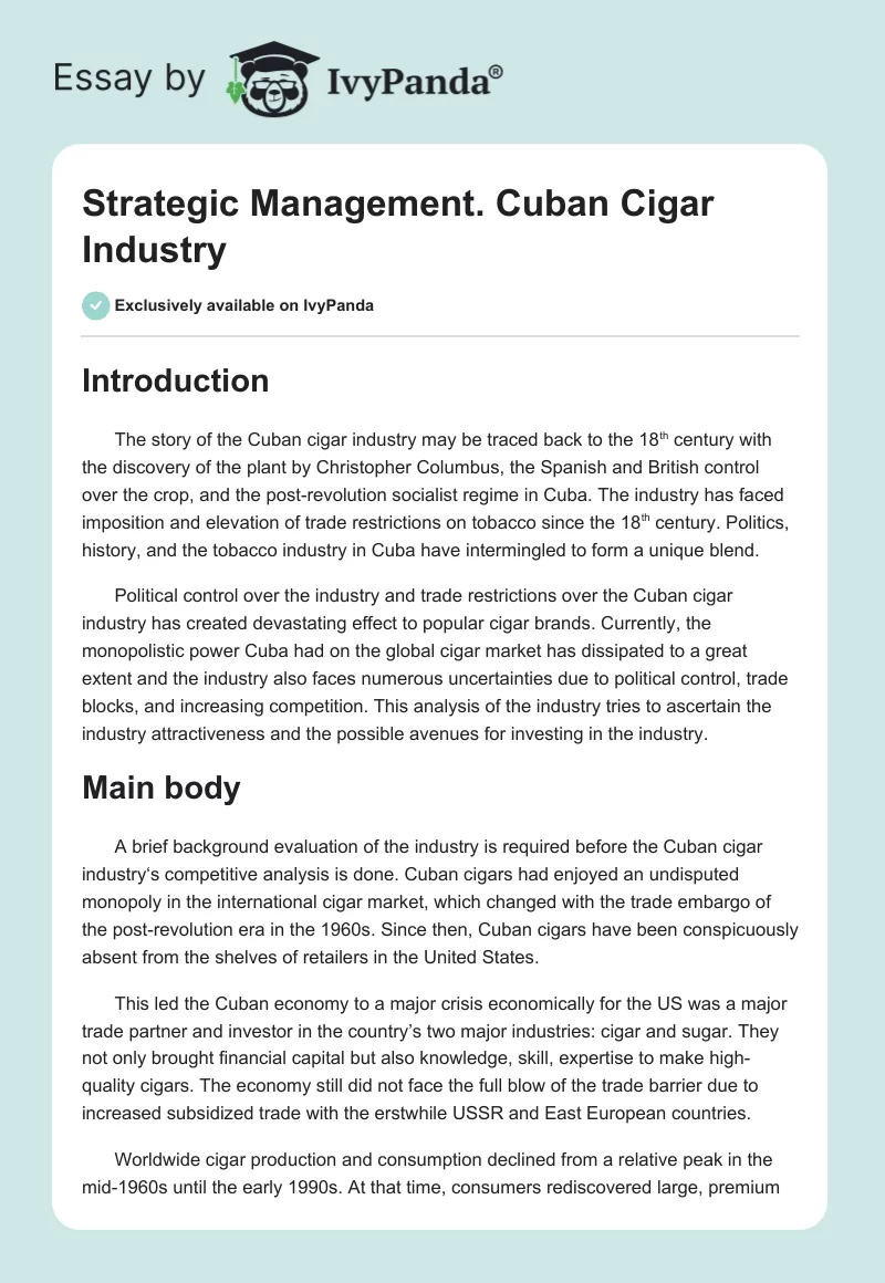Strategic Management. Cuban Cigar Industry. Page 1