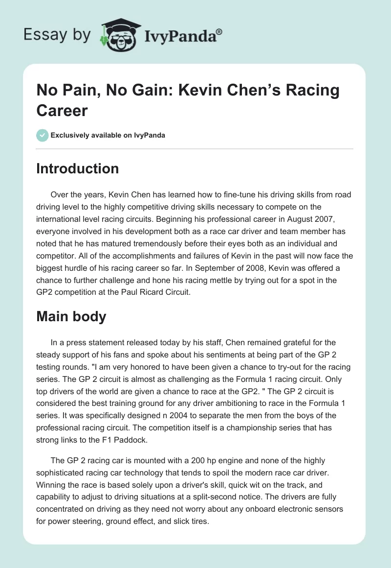 No Pain, No Gain: Kevin Chen’s Racing Career. Page 1