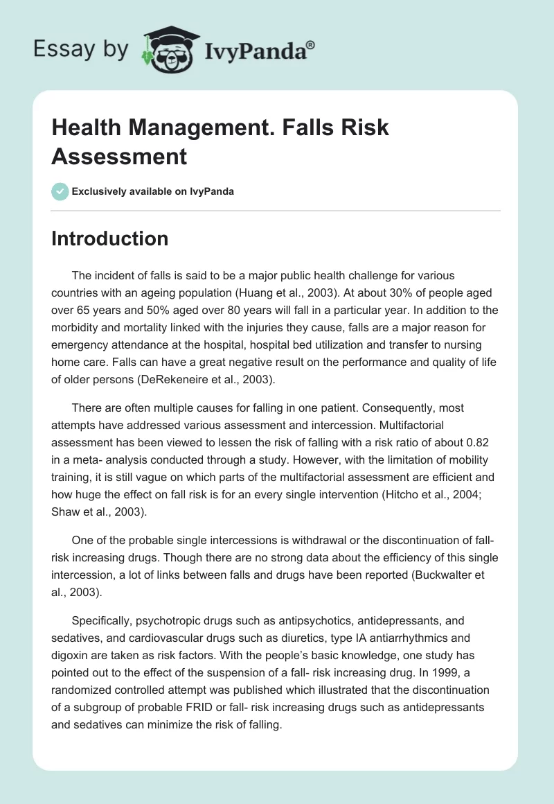Health Management. Falls Risk Assessment. Page 1