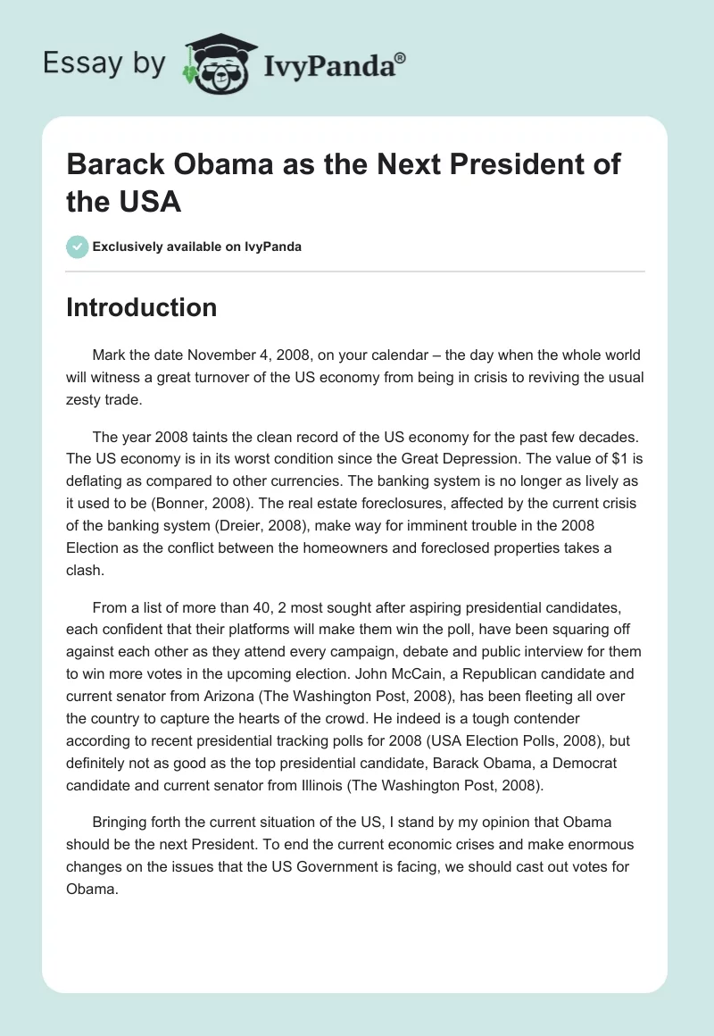 Barack Obama as the Next President of the USA. Page 1