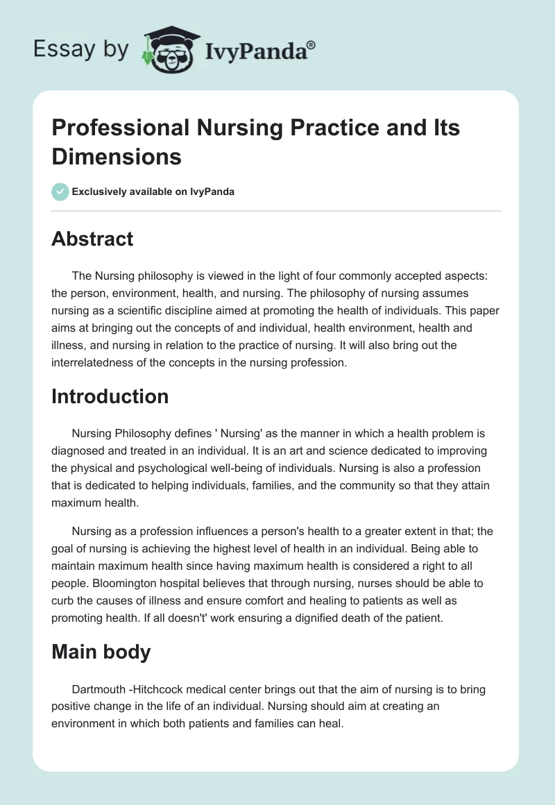 Professional Nursing Practice and Its Dimensions. Page 1