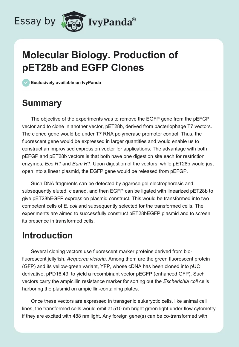 Molecular Biology. Production of pET28b and EGFP Clones. Page 1