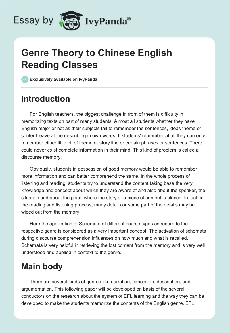 Genre Theory to Chinese English Reading Classes. Page 1