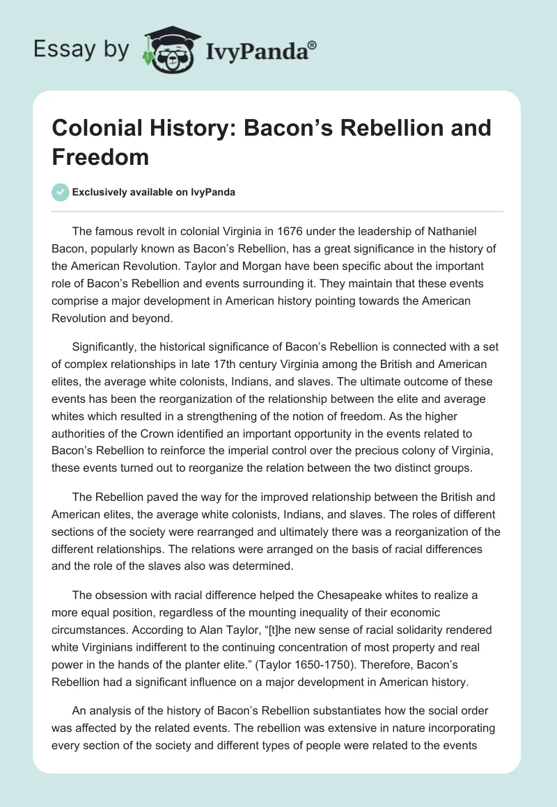Colonial History: Bacon’s Rebellion and Freedom. Page 1