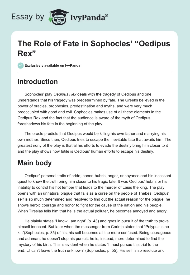 The Role of Fate in Sophocles’ “Oedipus Rex”. Page 1
