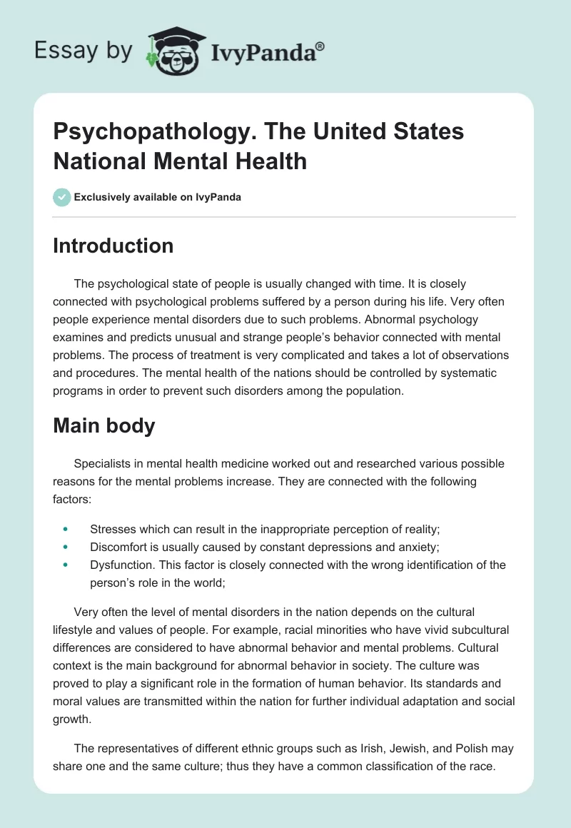 Psychopathology. The United States National Mental Health. Page 1