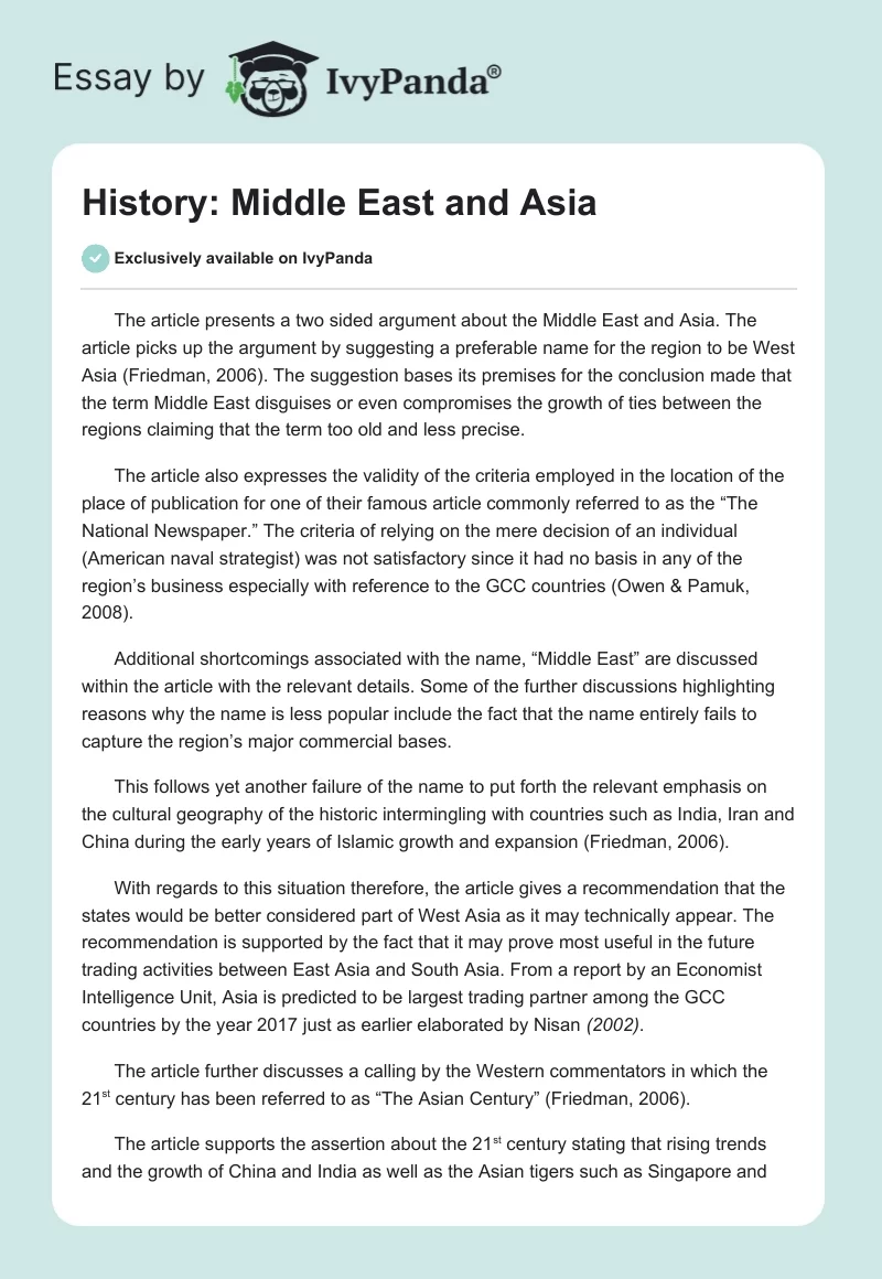 History: Middle East and Asia. Page 1