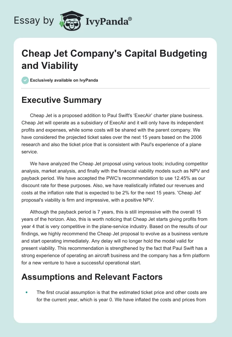 Cheap Jet Company's Capital Budgeting and Viability. Page 1