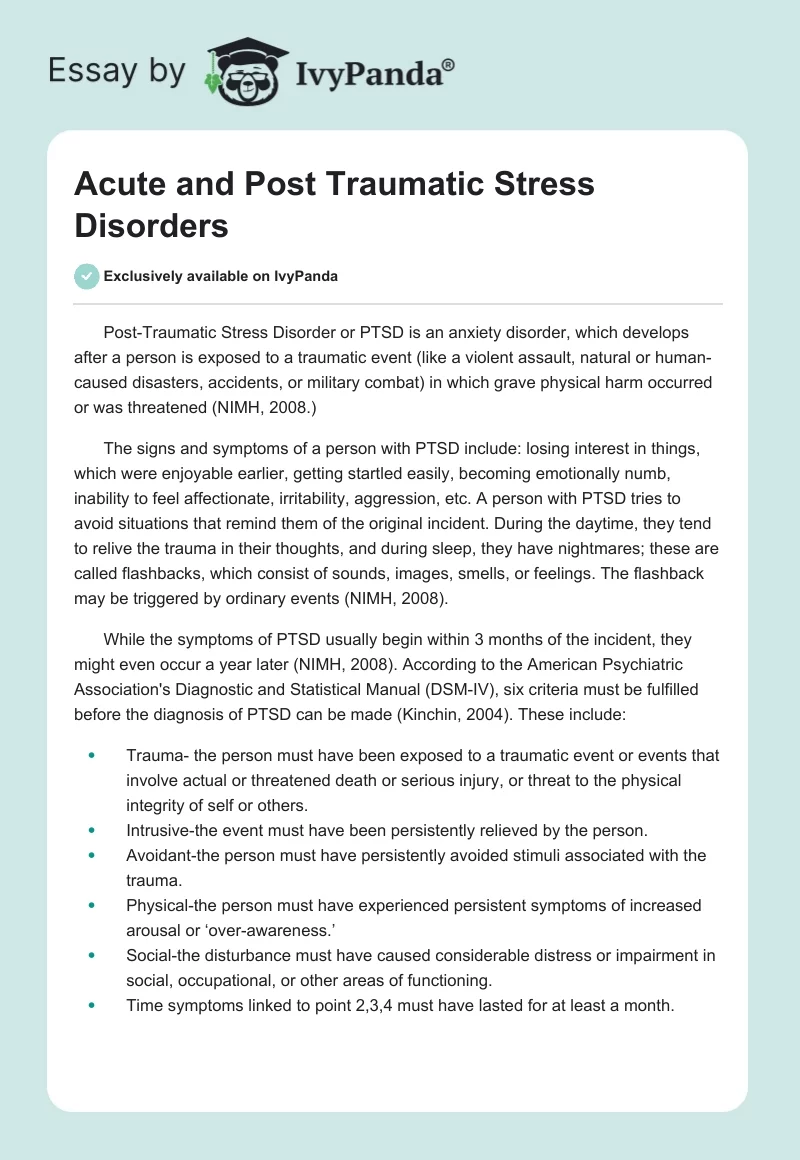 Acute and Post Traumatic Stress Disorders. Page 1