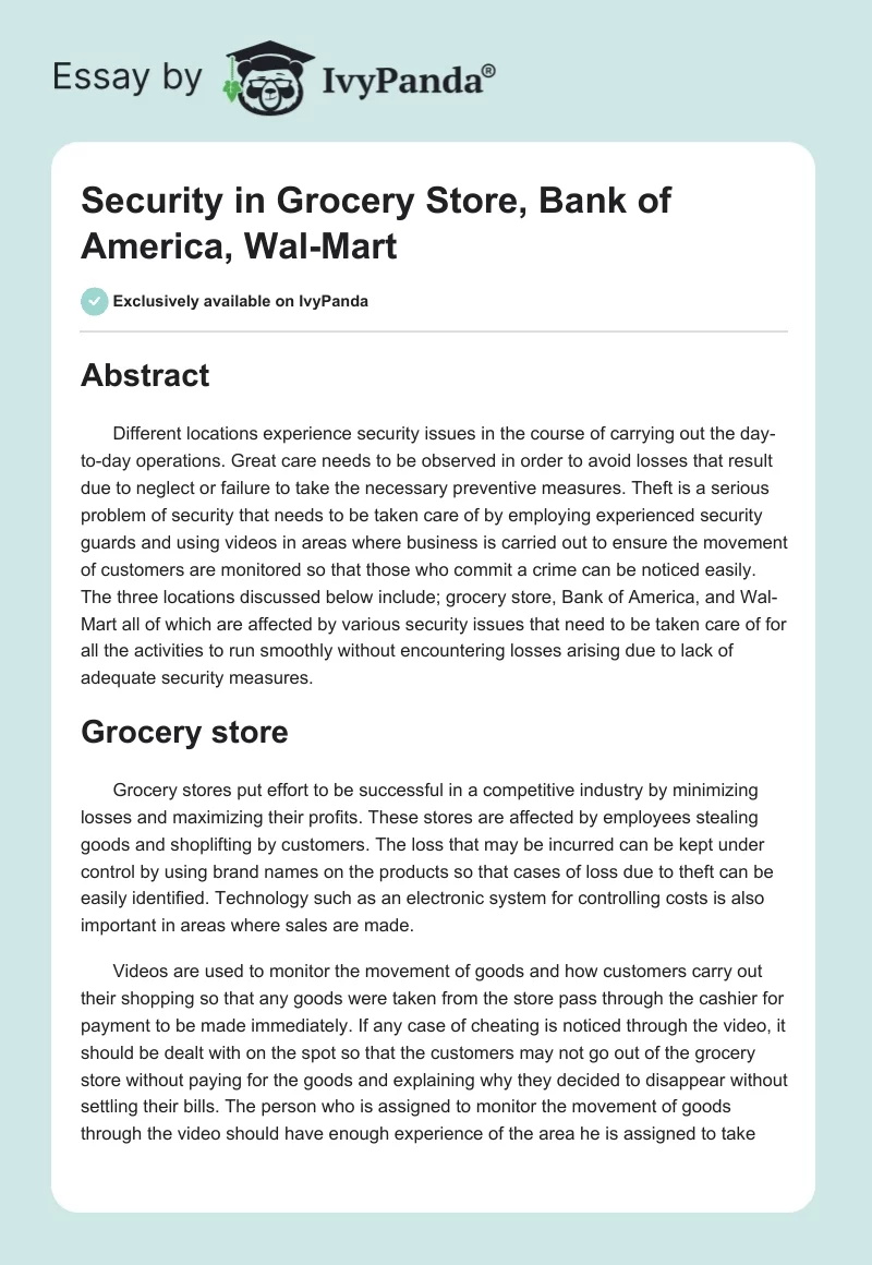 Security in Grocery Store, Bank of America, Wal-Mart. Page 1