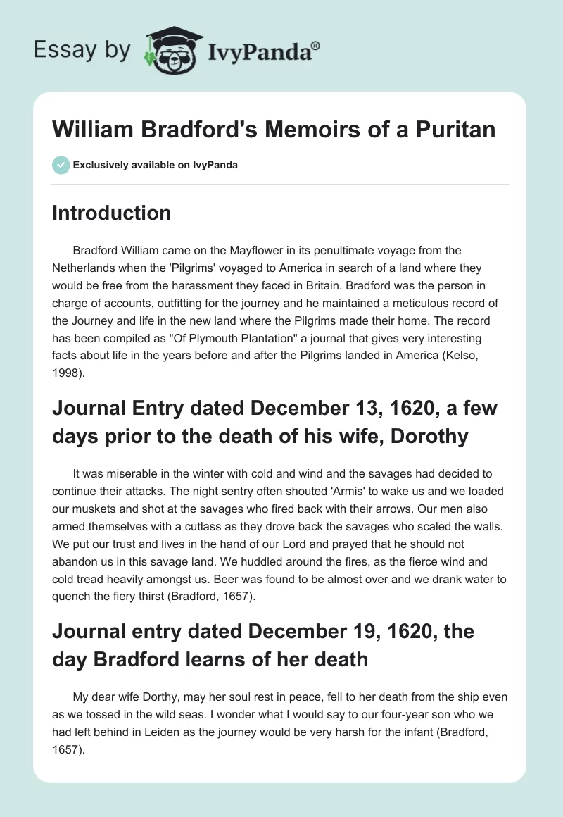 William Bradford's Memoirs of a Puritan. Page 1
