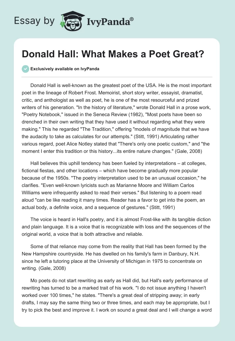 Donald Hall: What Makes a Poet Great?. Page 1