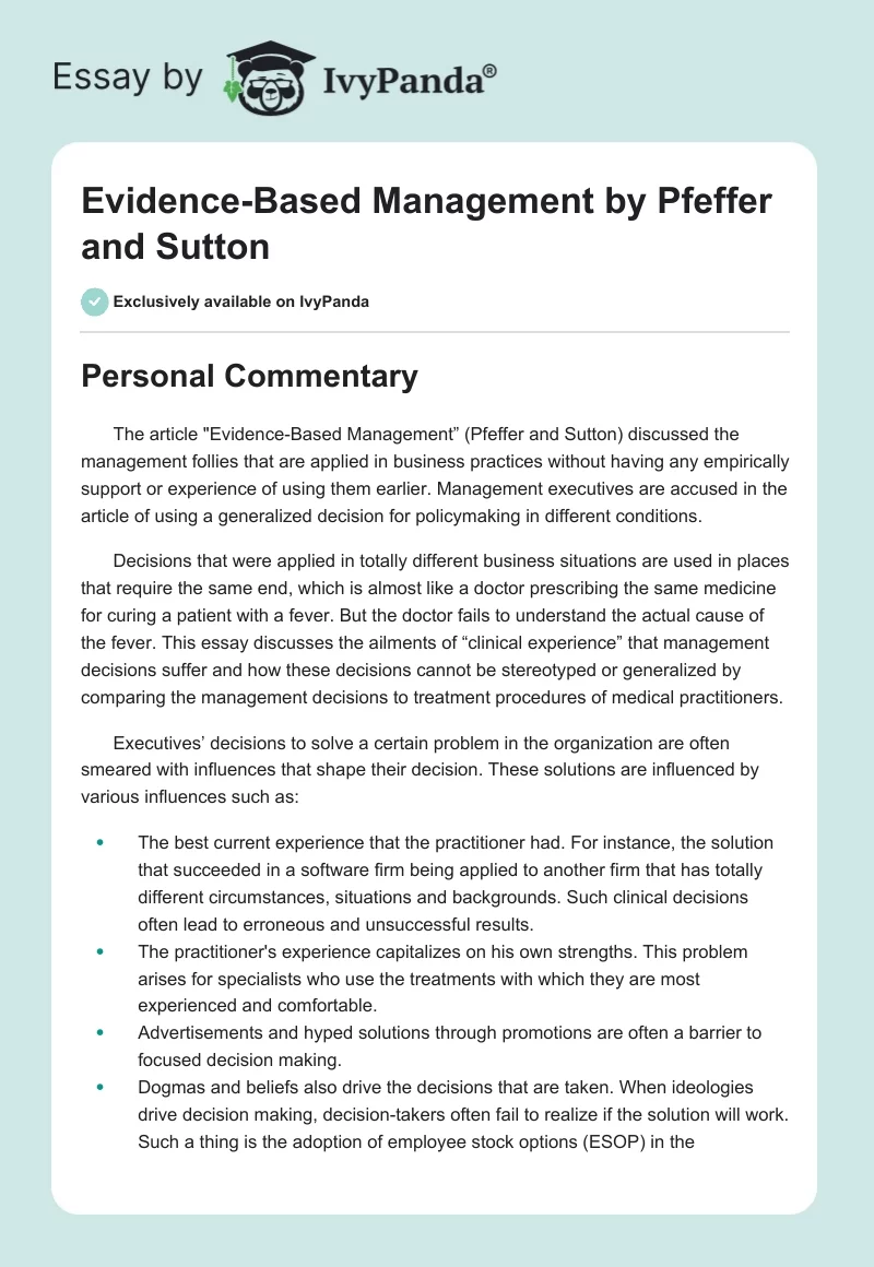 "Evidence-Based Management" by Pfeffer and Sutton. Page 1