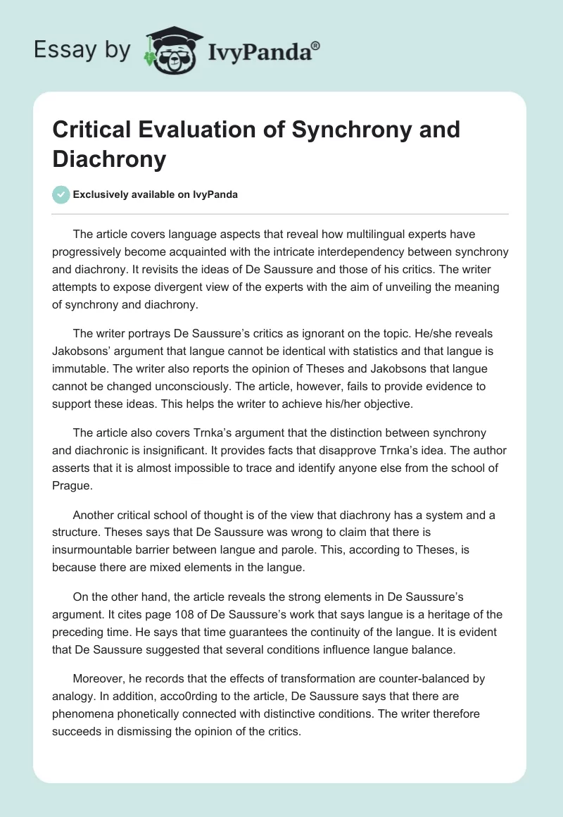 Critical Evaluation of Synchrony and Diachrony. Page 1