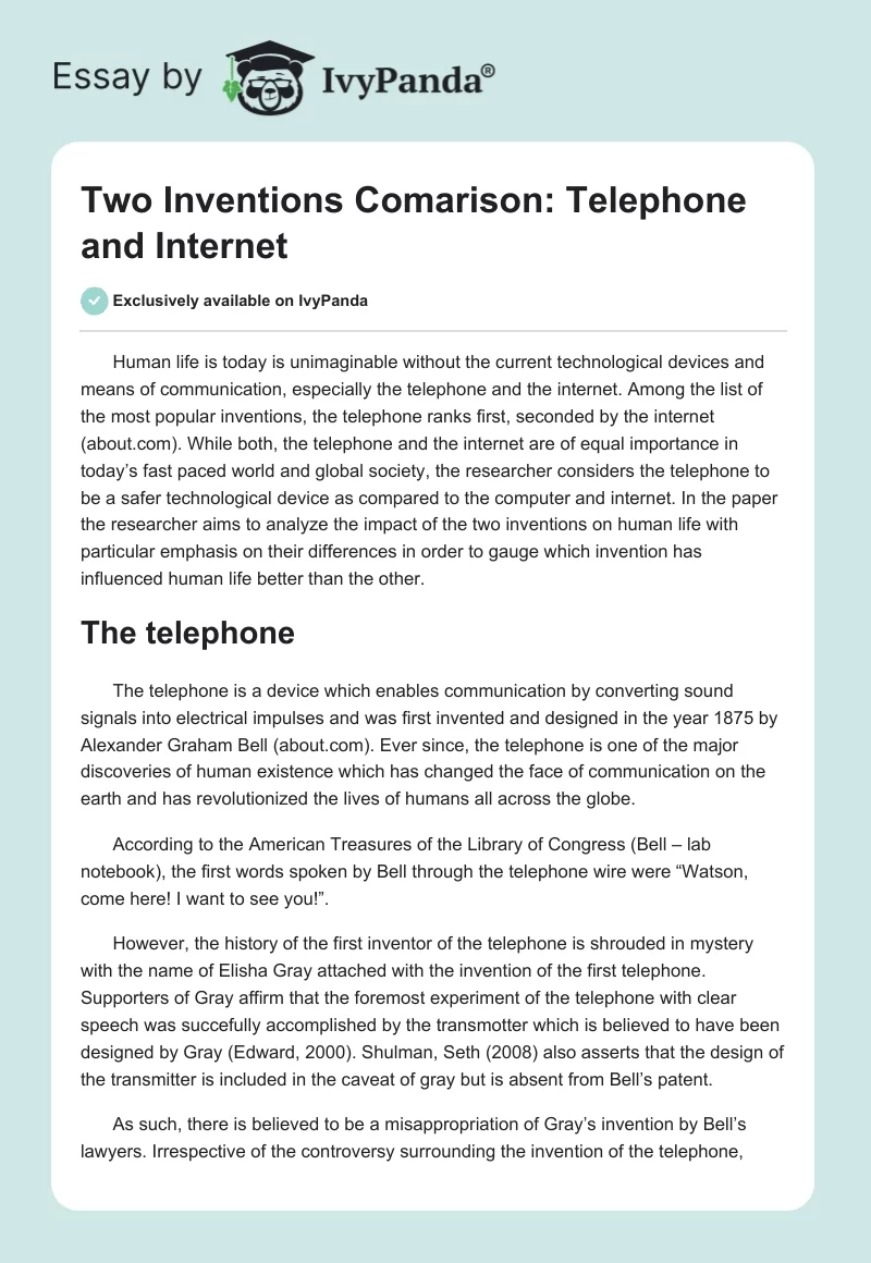 Two Inventions Comarison: Telephone and Internet. Page 1