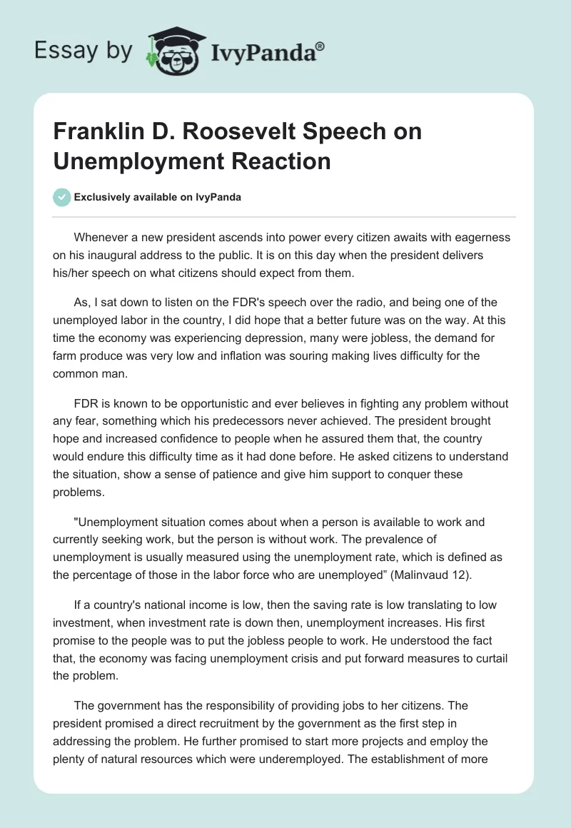 Franklin D. Roosevelt Speech on Unemployment Reaction. Page 1