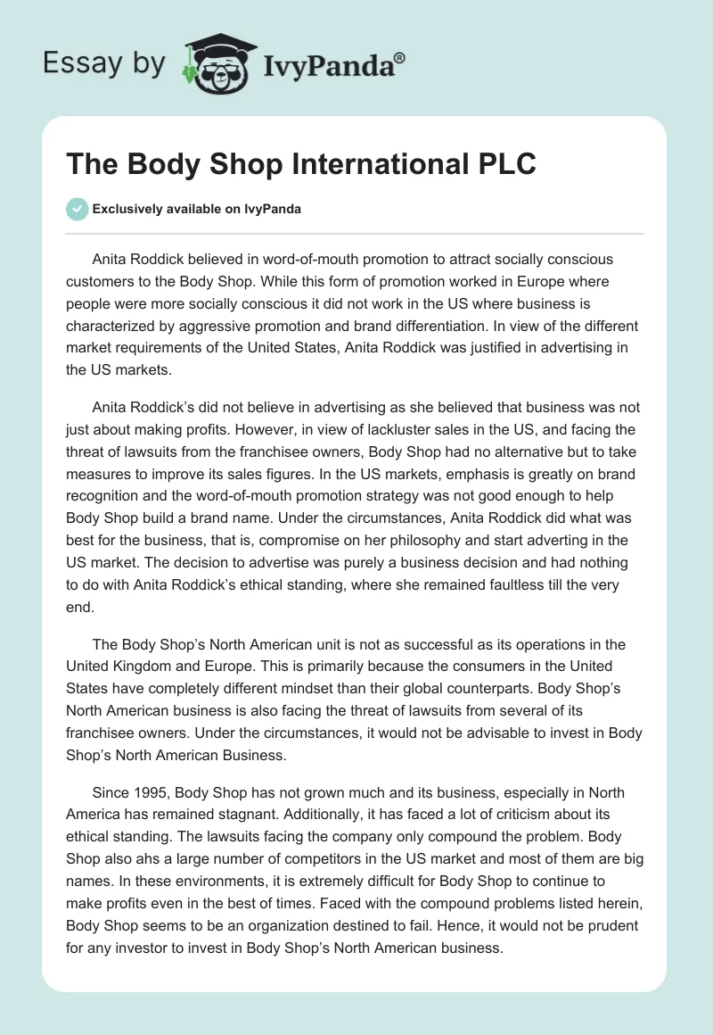 The Body Shop International PLC. Page 1